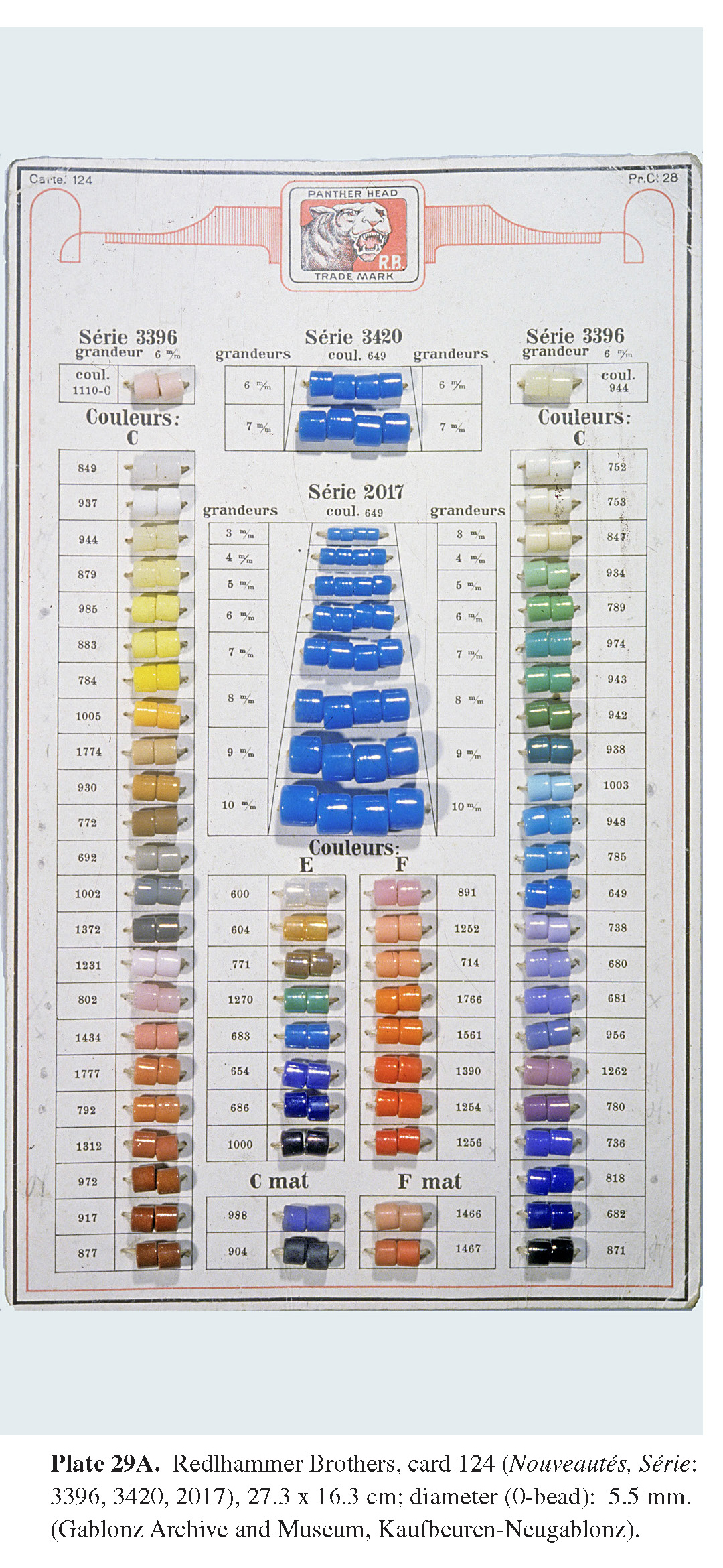 Plate 29A Redlhammer Brothers, card 124 (Nouveautés, Série: 3396, 3420, 2017), 27.3 x 16.3 cm; diameter (0-bead): 5.5 mm. (Gablonz Archive and Museum, Kaufbeuren-Neugablonz).