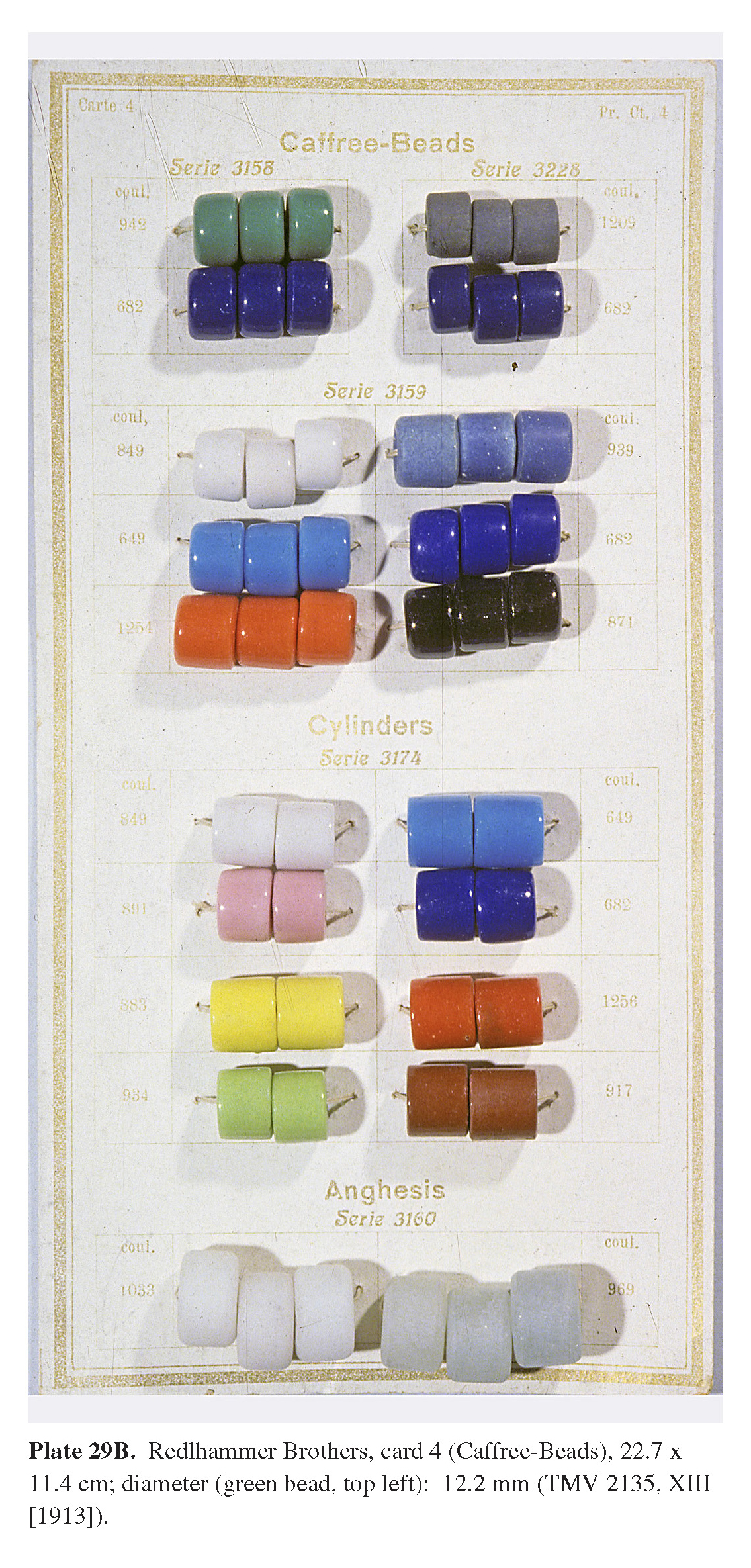 Plate 29B Redlhammer Brothers, card 4 (Caffree-Beads), 22.7 x 11.4 cm; diameter (green bead, top left): 12.2 mm (TMV 2135, XIII [1913]).