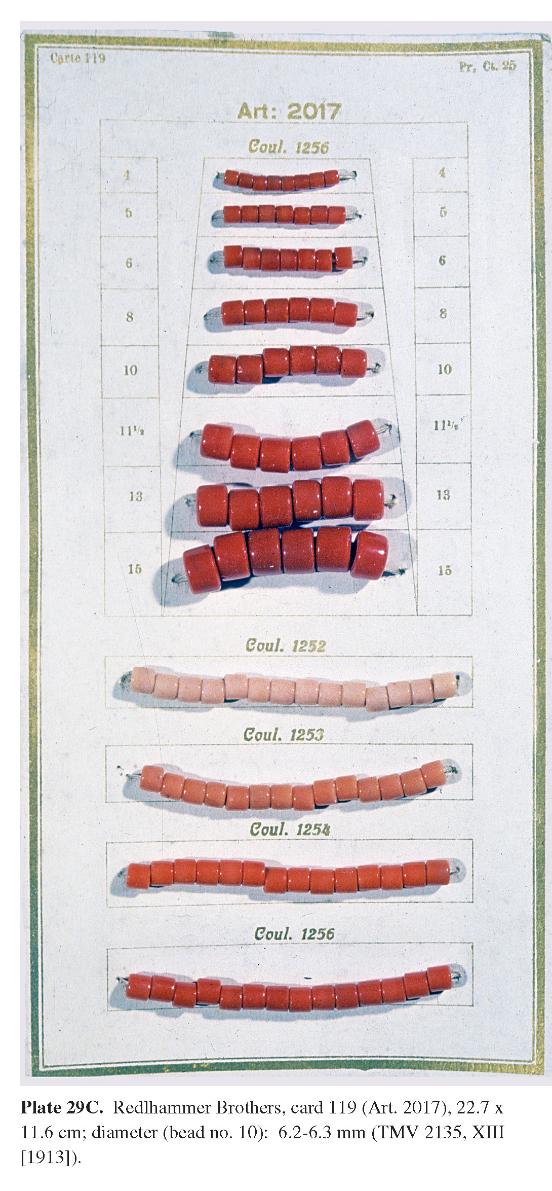 Plate 29C Redlhammer Brothers, card 119 (Art. 2017), 22.7 x 11.6 cm; diameter (bead no. 10): 6.2-6.3 mm (TMV 2135, XIII [1913]).