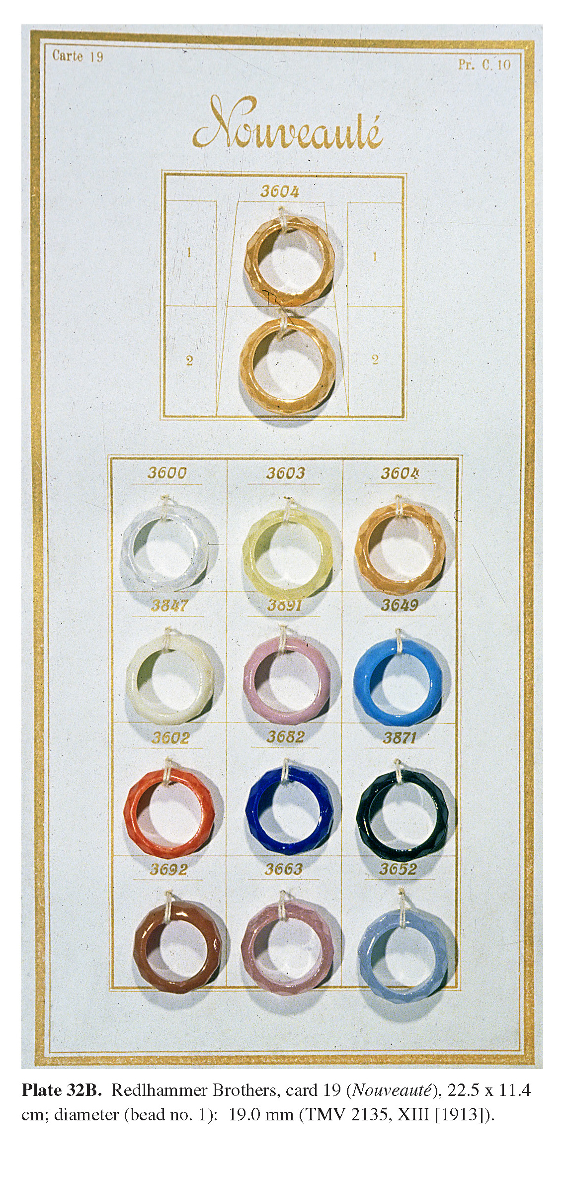 Plate 32B Redlhammer Brothers, card 19 (Nouveauté), 22.5 x 11.4 cm; diameter (bead no. 1): 19.0 mm (TMV 2135, XIII [1913]).