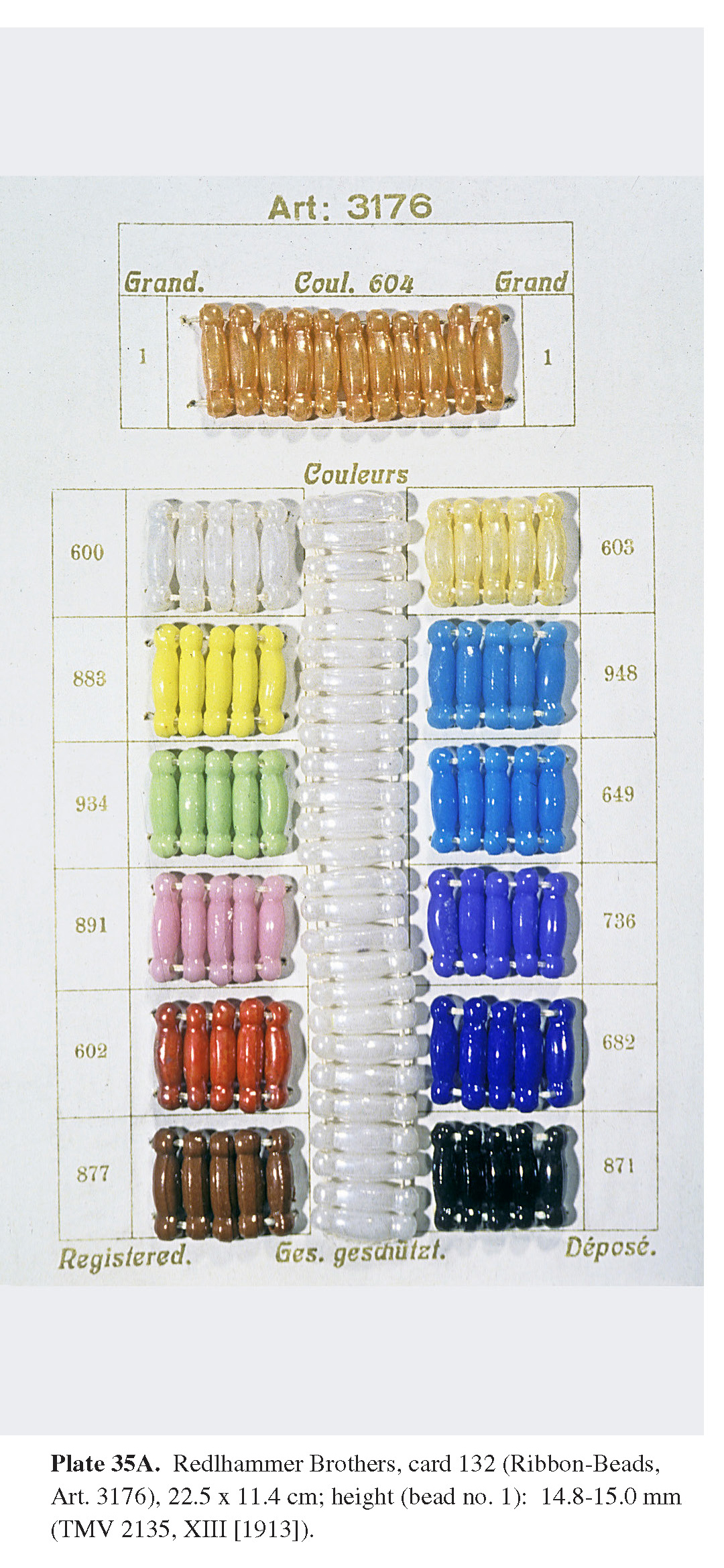 Plate 35A Redlhammer Brothers, card 132 (Ribbon-Beads, Art. 3176), 22.5 x 11.4 cm; height (bead no. 1): 14.8-15.0 mm (TMV 2135, XIII [1913]).