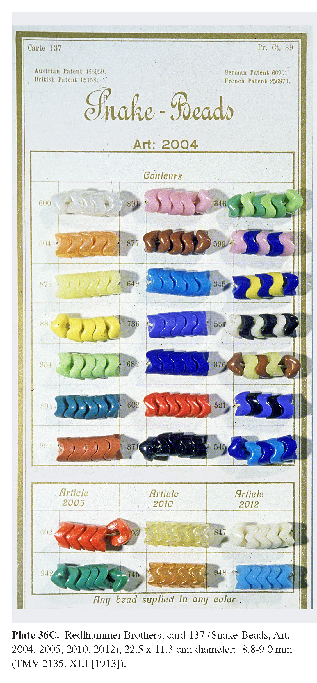 Plate 36C Redlhammer Brothers, card 137 (Snake-Beads, Art. 2004, 2005, 2010, 2012), 22.5 x 11.3 cm; diameter: 8.8-9.0 mm (TMV 2135, XIII [1913]).