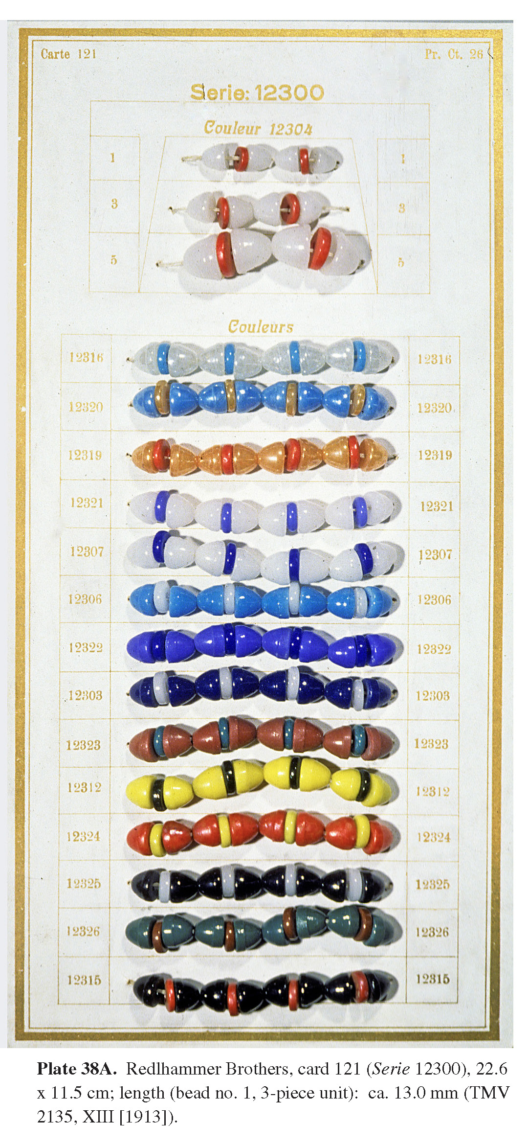 Plate 38A Redlhammer Brothers, card 121 (Serie 12300), 22.6 Plate 38B. Detail of Plate 38A. x 11.5 cm; length (bead no. 1, 3-piece unit): ca. 13.0 mm (TMV 2135, XIII [1913]).