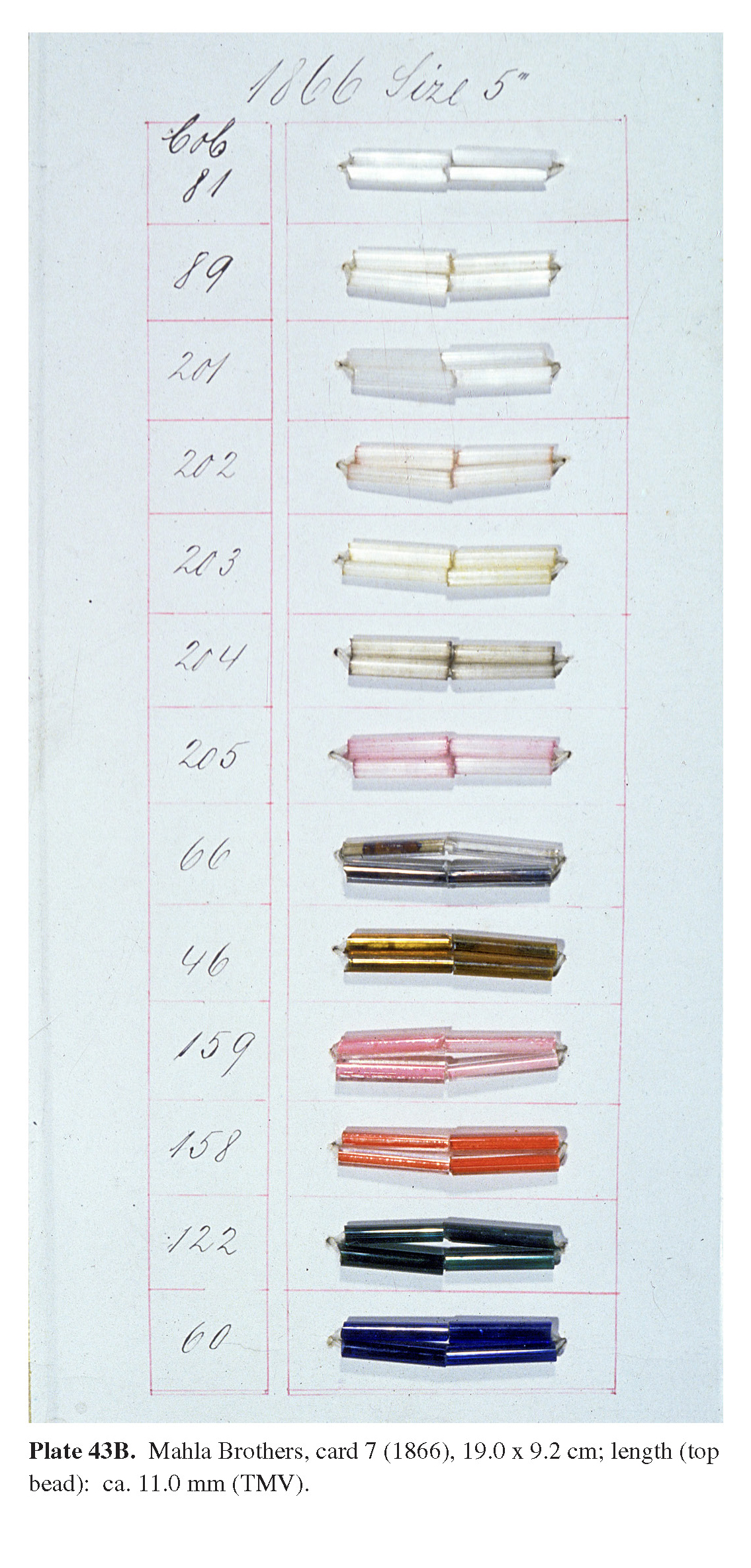 Plate 43B Mahla Brothers, card 7 (1866), 19.0 x 9.2 cm; length (top bead): ca. 11.0 mm (TMV).