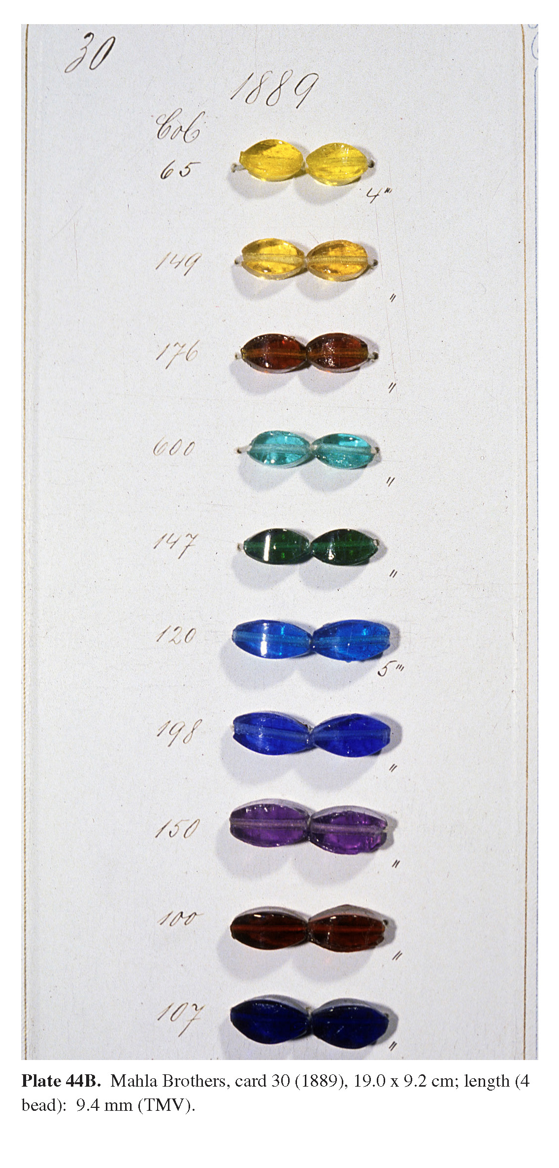 Plate 44B Mahla Brothers, card 30 (1889), 19.0 x 9.2 cm; length (4 bead): 9.4 mm (TMV).