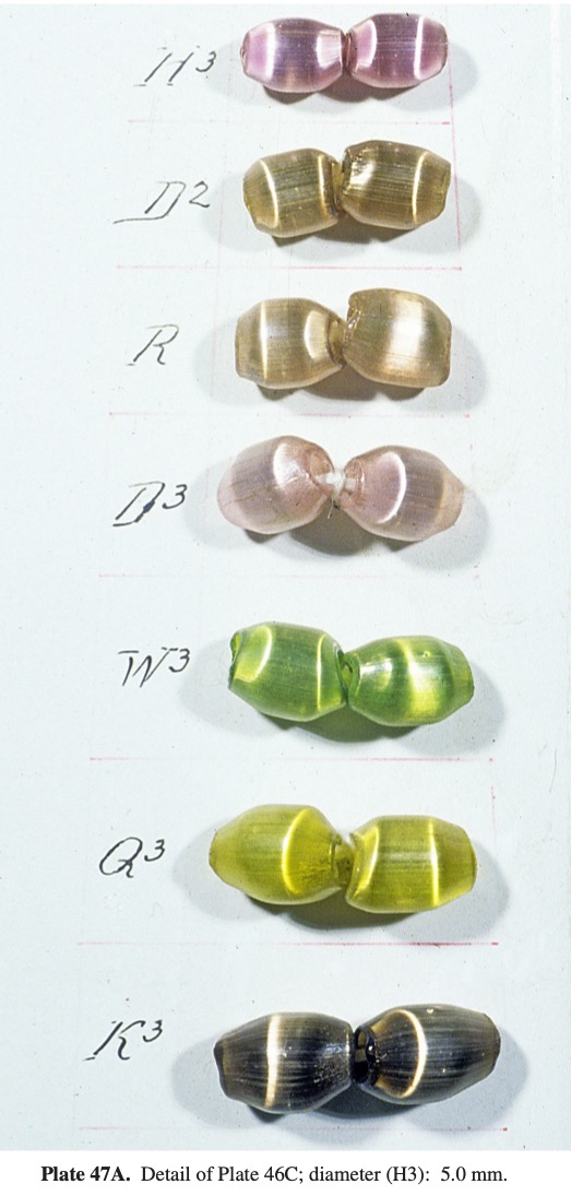 Plate 47A Detail of Plate 46C; diameter (H3): 5.0 mm. Plate 47C. Mahla Brothers, card 4 (238), 19.0 x 9.2 cm; diameter (bead no. 10): 9.8-10.0 mm (TMV).