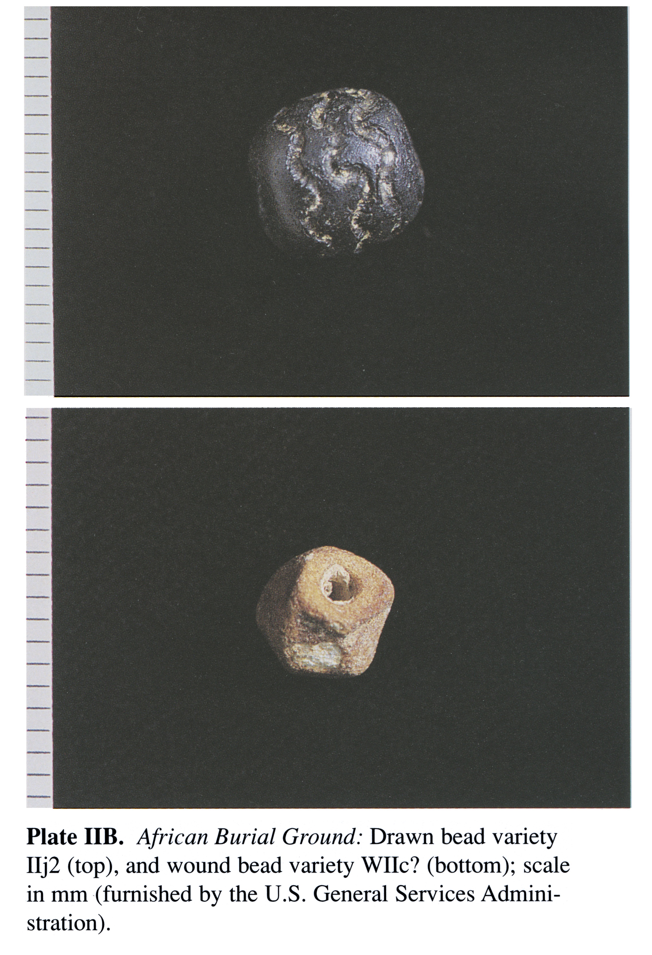 Plate IIB African Burial Ground: Drawn bead variety Ilj2 (top), and wound bead variety WIie? (bottom); scale in mm (furnished by the U.S. General Services Administration).