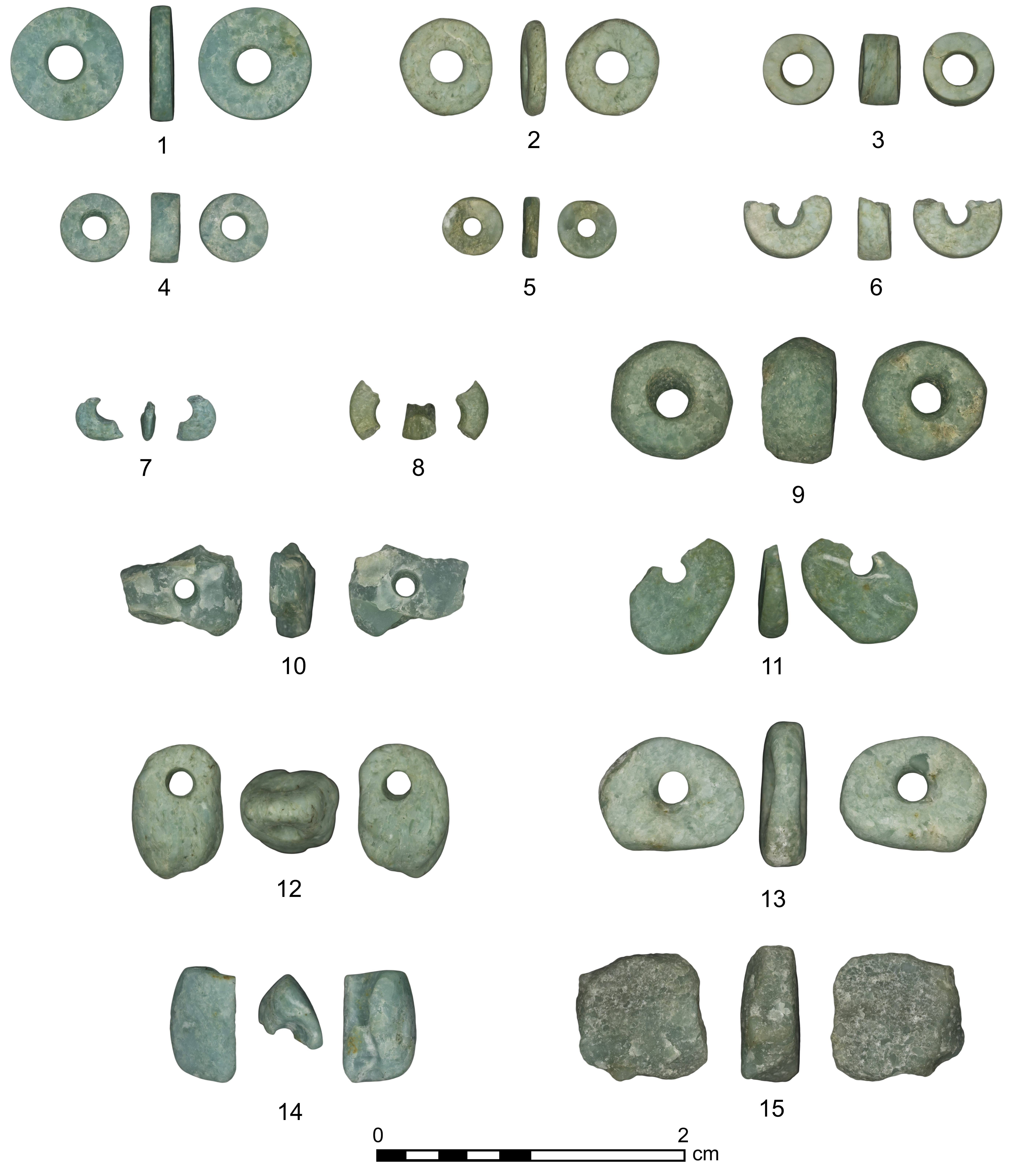 Fluorapatite beads and a bead preform from Tel Tsaf, Israel.